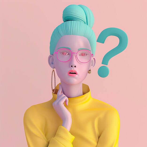 une femme avec des lunettes et un pull jaune est vêtue d'un pull jaune et a un point d'interrogation sur son visage