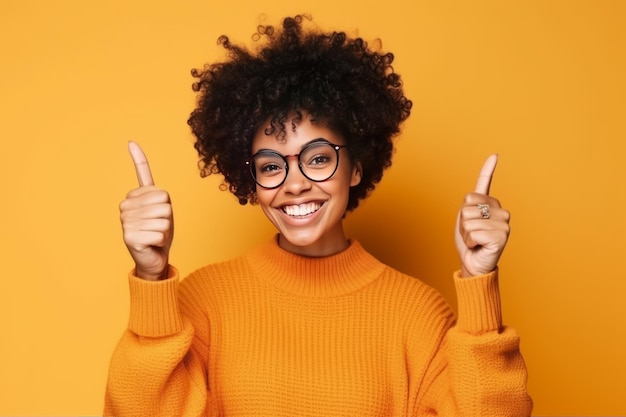 Photo une femme avec des lunettes et un pull lève le pouce.