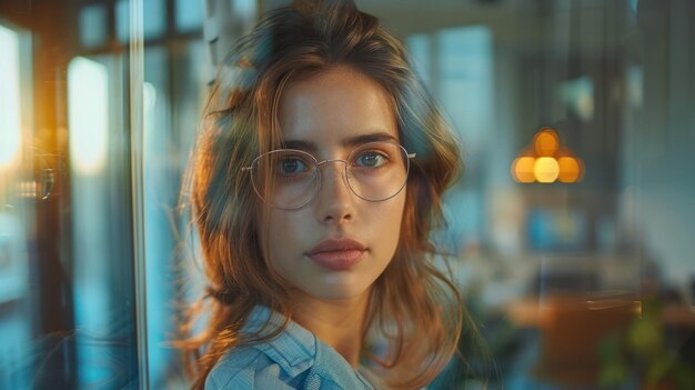 Une femme avec des lunettes qui regarde la caméra