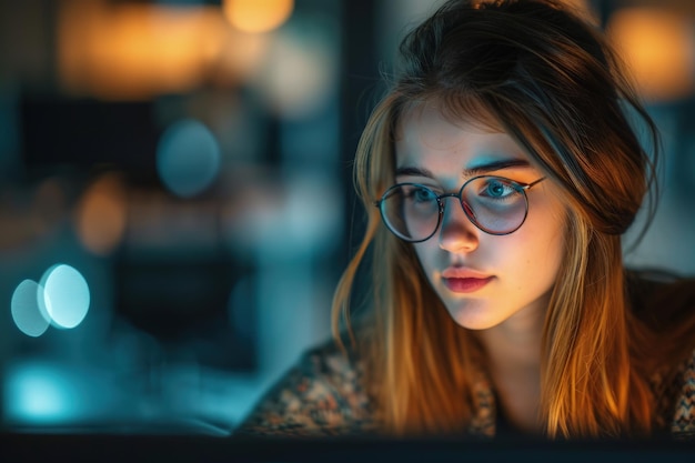 Une femme avec des lunettes qui regarde un ordinateur portable