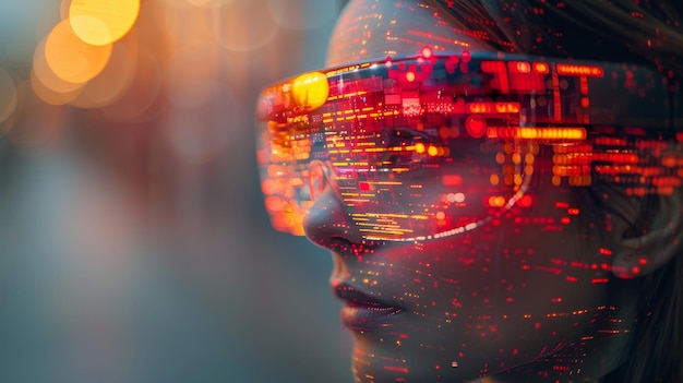La femme avec des lunettes de réalité virtuelle Concept de la technologie du futur Imagerie numérique fragmentée par pixels