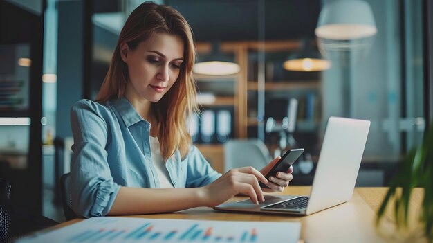 femme en lunettes regardant le téléphone à son bureau sur du papier graphique jeune femme regarde son téléphone portable avec des graphiques sur papier jeune femme assise à un bureau regardant son téléphone