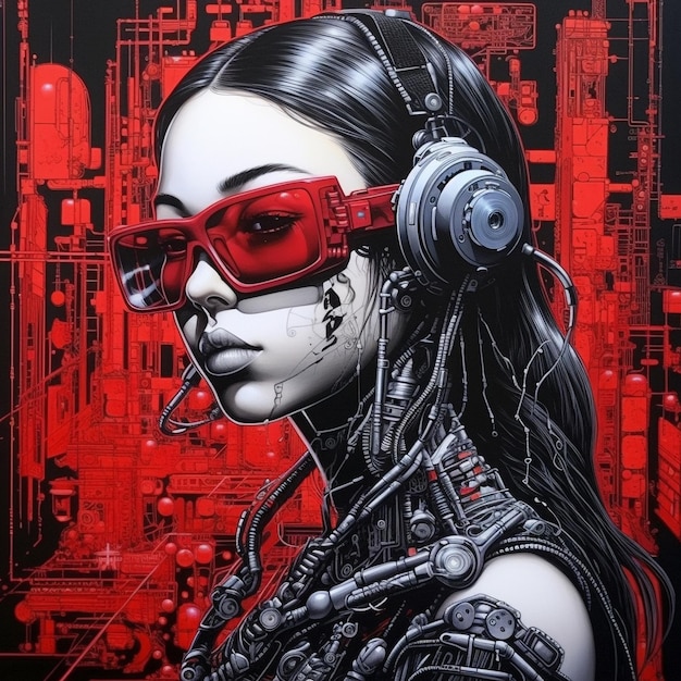 une femme avec des lunettes rouges et une paire d'écouteurs rouges.