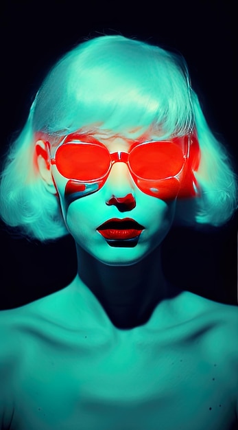 une femme avec des lunettes rouges porte une tenue bleue et verte.