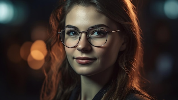 Une femme avec des lunettes se tient dans une ville sombre la nuit.