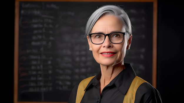 Une femme avec des lunettes se tient devant un tableau qui dit "le mot" dessus '