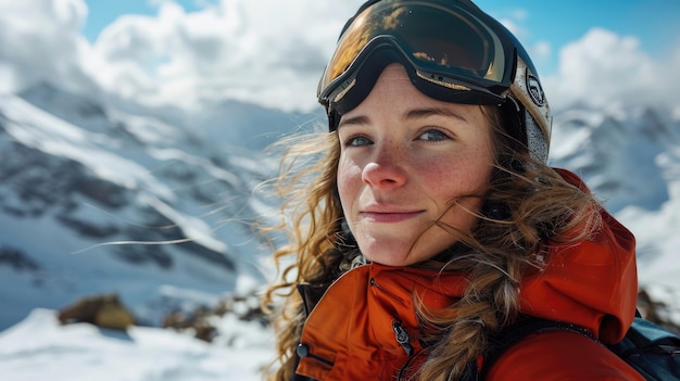 Femme avec des lunettes de ski et un casque de ski sur la montagne enneigée