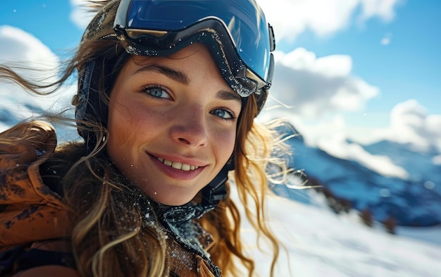 Femme avec des lunettes de ski et un casque de ski sur la montagne enneigée