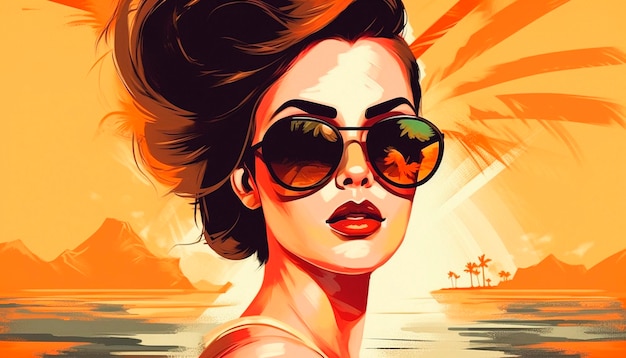 Une femme avec des lunettes de soleil et un coucher de soleil en arrière-plan.