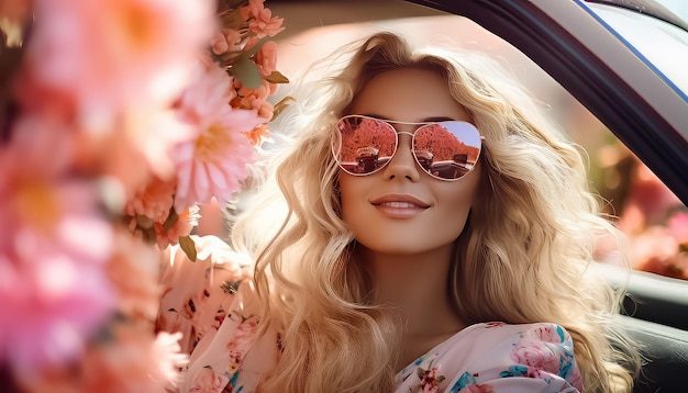 Femme en lunettes de soleil dans une voiture pleine de fleurs concept de printemps