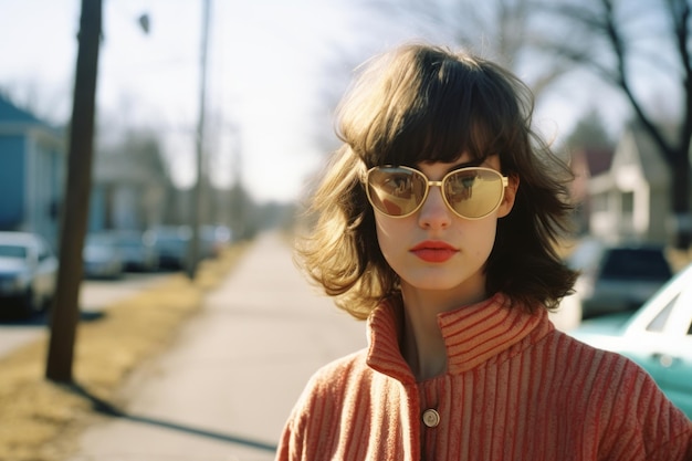 une femme à lunettes de soleil debout sur le bord de la route