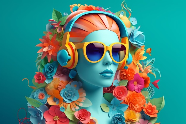 Une femme avec des lunettes de soleil et des écouteurs et un fond de fleurs