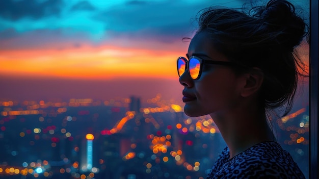 Une femme avec des lunettes de soleil fait face au paysage urbain nocturne