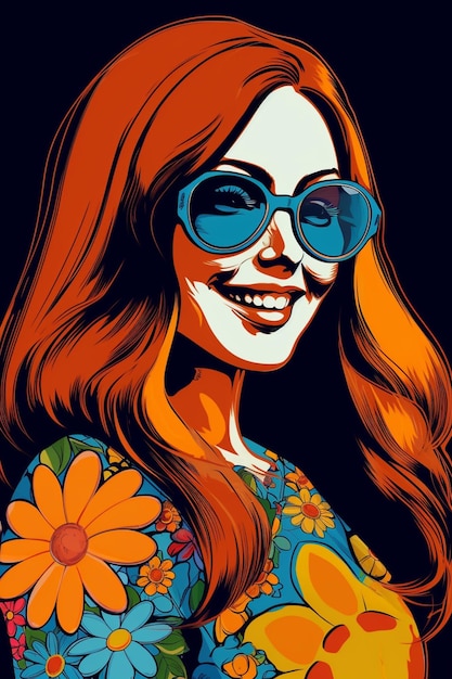 Une femme avec des lunettes de soleil et une fleur sur sa chemise.