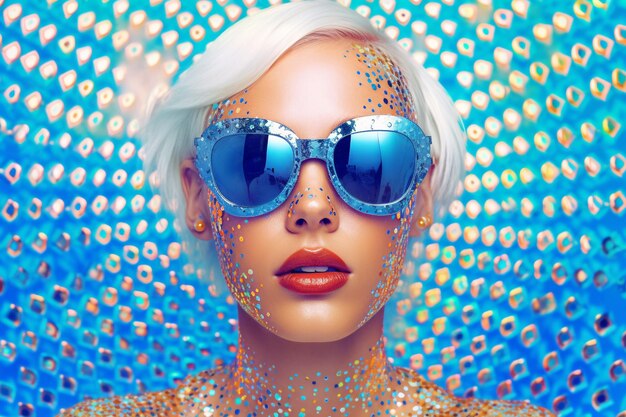 Photo une femme avec des lunettes de soleil et un fond bleu avec des paillettes sur son visage.