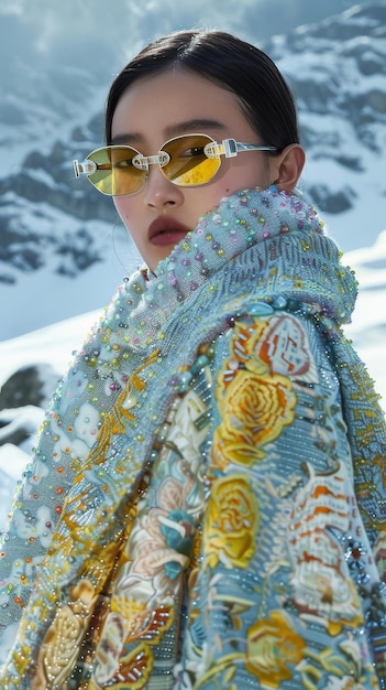 Femme avec des lunettes de soleil et un foulard marchant dans la neige