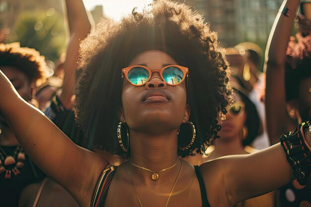 Photo une femme avec des lunettes de soleil et une lunette de soleil avec le mot dessus