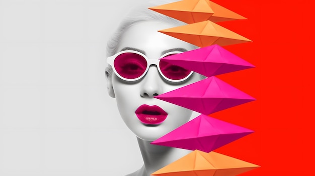 Une femme avec des lunettes de soleil et un motif triangle rose et orange