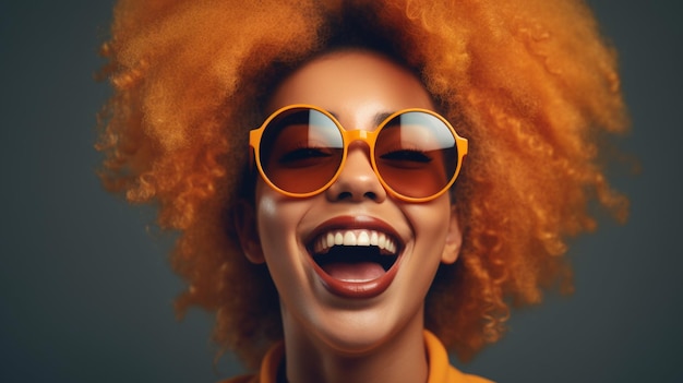 Une femme avec des lunettes de soleil orange et une chemise jaune sourit.