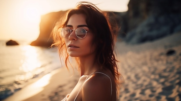 Une femme avec des lunettes de soleil sur la plage