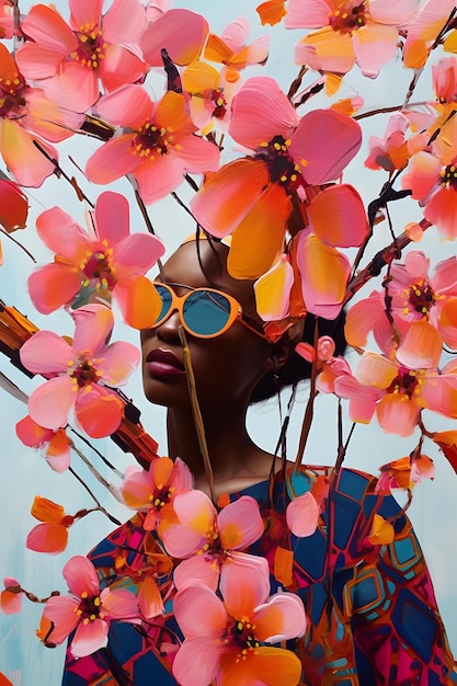 Photo une femme avec des lunettes de soleil et une robe est entourée de fleurs.