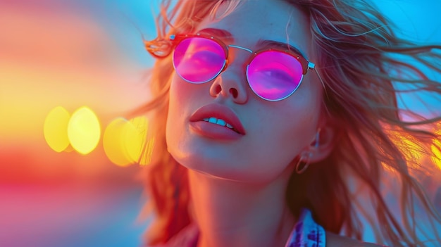 Une femme en lunettes de soleil roses sur un fond coloré