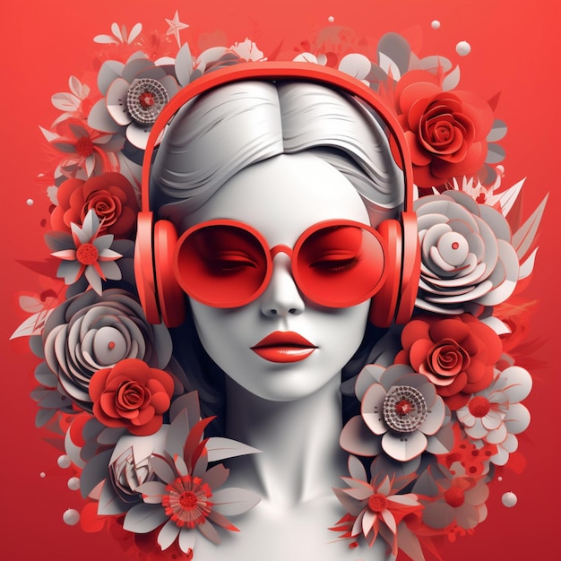 Une femme avec des lunettes de soleil rouges et des écouteurs devant des fleurs