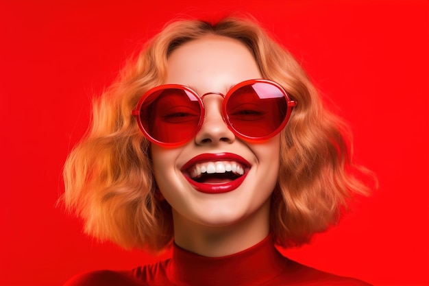 Une femme avec des lunettes de soleil rouges et un fond rouge.