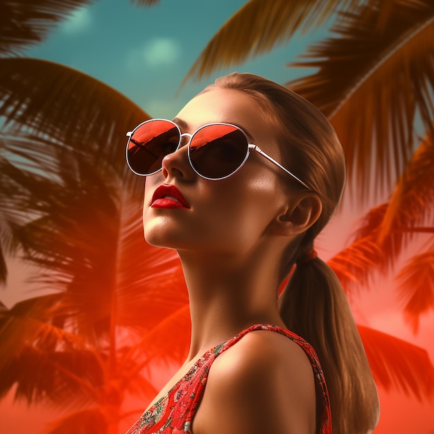 Une femme avec des lunettes de soleil rouges et un fond tropical