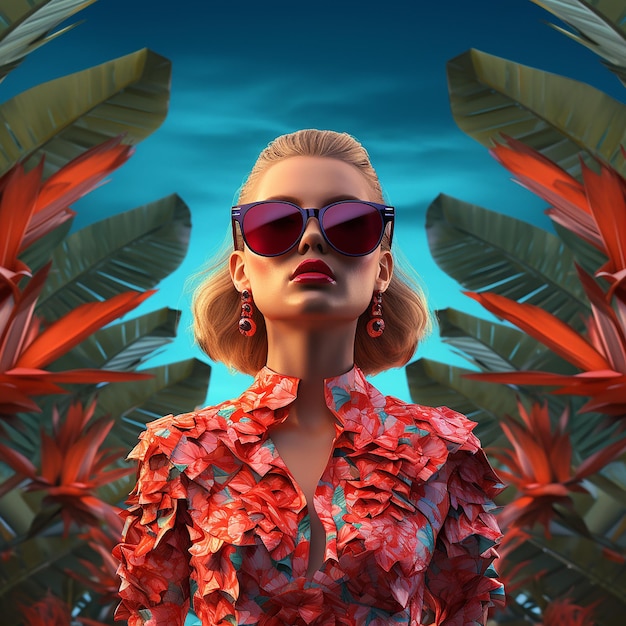 Une femme avec des lunettes de soleil rouges et un fond tropical