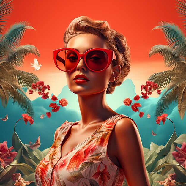 Une femme avec des lunettes de soleil rouges et un fond tropical