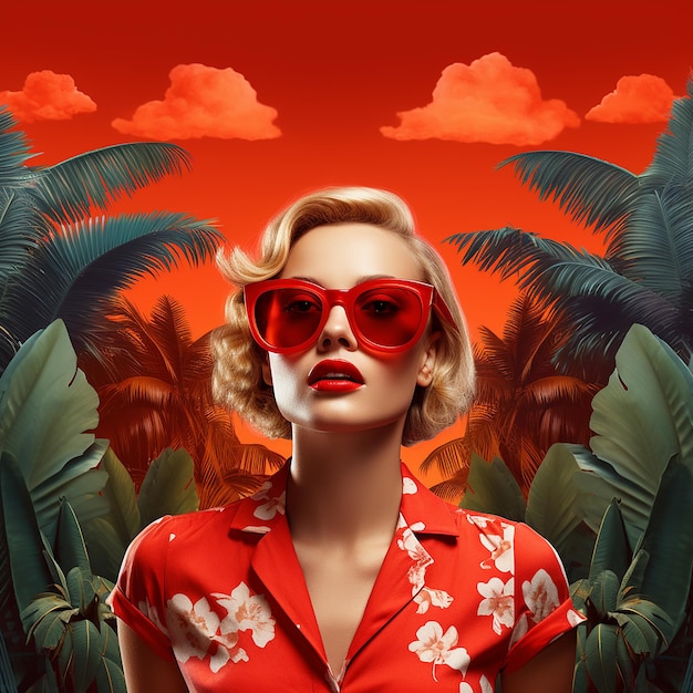 Une femme avec des lunettes de soleil rouges et un fond tropical