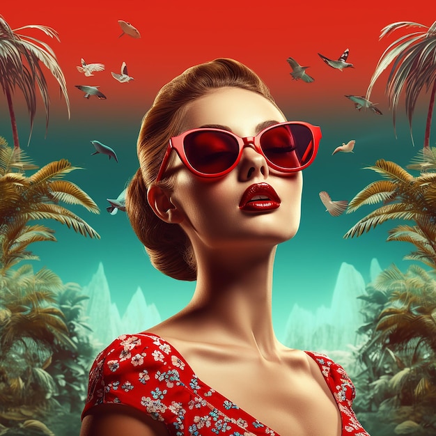 Une femme avec des lunettes de soleil rouges et un fond tropical