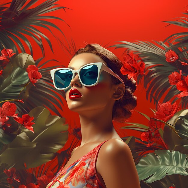 Photo une femme avec des lunettes de soleil rouges et un fond tropical