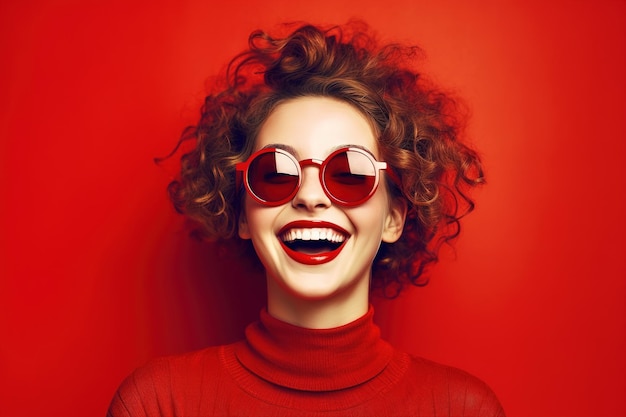 Une femme avec des lunettes de soleil rouges et des lunette de soleil rouge sourit.