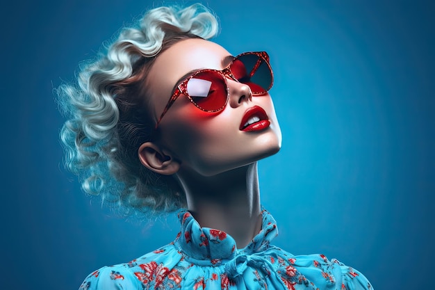 Une femme avec des lunettes de soleil sur la tête et un fond bleu.