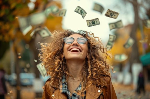 Photo une femme avec des lunettes de soleil et une veste marron voit de l'argent tomber de ses cheveux