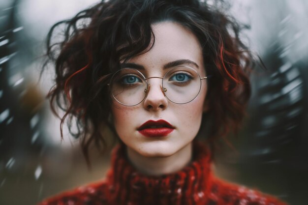 Une femme avec des lunettes sur son visage se tient devant