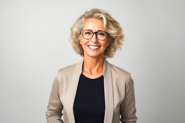 Femme avec des lunettes souriant à la caméra avec un fond gris IA générative