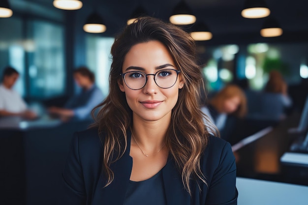 Une femme avec des lunettes sourit à la caméra dans un restaurant IA générative