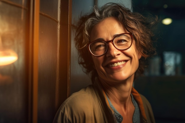 Une femme à lunettes sourit à la caméra.