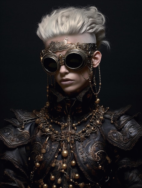 Une femme avec des lunettes de style steampunk et un masque de style steampunk.