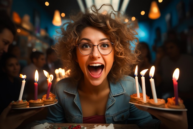 Femme avec des lunettes tenant une assiette avec des bougies allumées sur elle AI générative