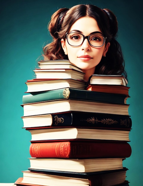 Une femme à lunettes tenant une pile de livres.