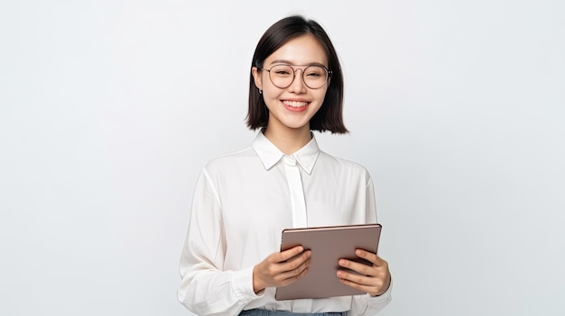 Une femme à lunettes tient une tablette.