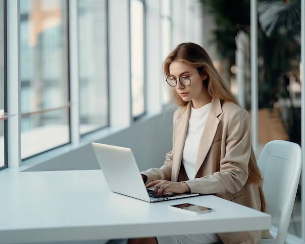 Femme à lunettes travaillant sur un ordinateur portable à l'intérieur