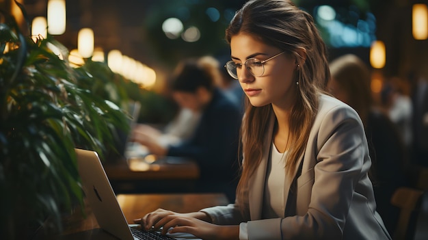 femme à lunettes utilisant un ordinateur portable dans un café IA générative