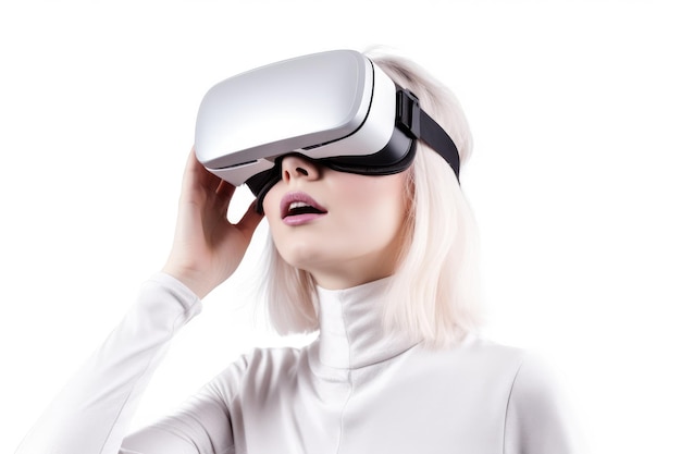 Femme avec des lunettes VR sur fond blanc