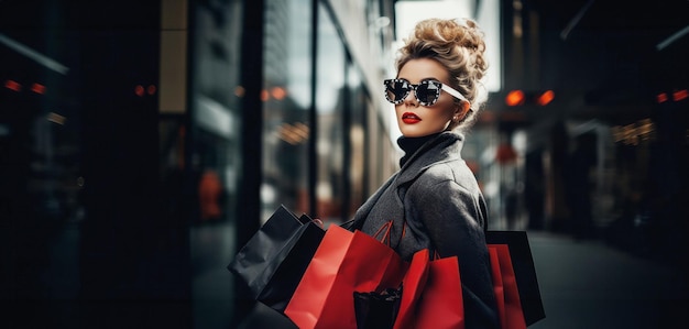 Femme luxueuse tenant plusieurs sacs de shopping dans la rue avec espace de copie pour les offres du Black Friday