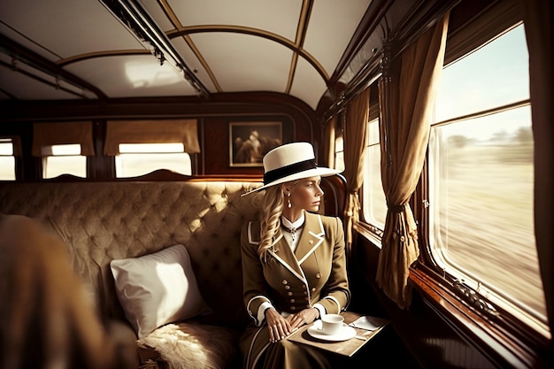 Une femme luxueuse voyage en train.